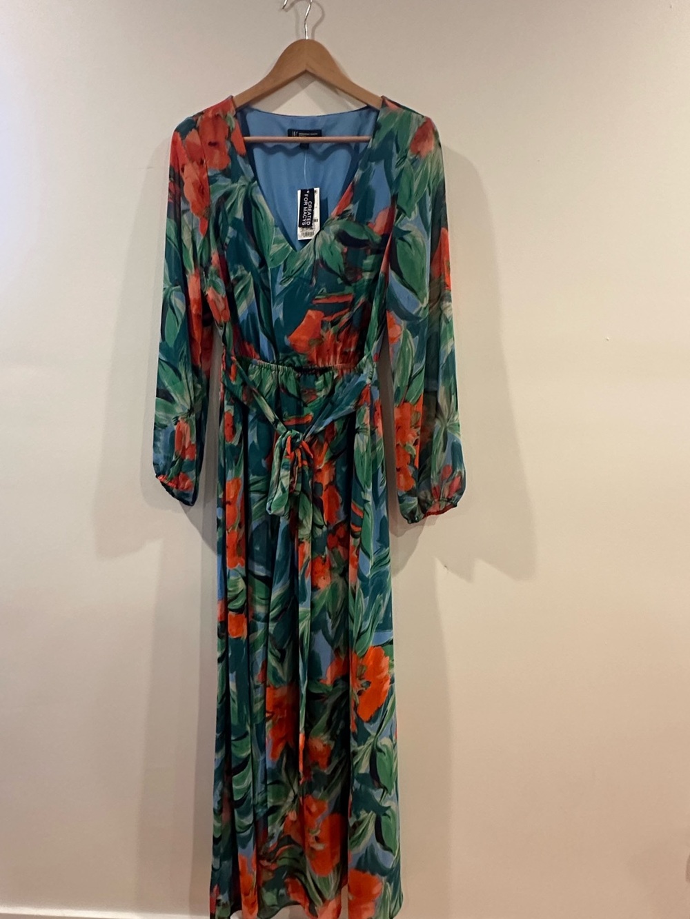 INC International Concepts Teal and Orange Floral Maxi Faux Wrap Dress